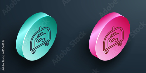 Isometric line Hotel luggage cart with suitcase icon isolated on black background. Traveling baggage sign. Travel luggage icon. Turquoise and pink circle button. Vector