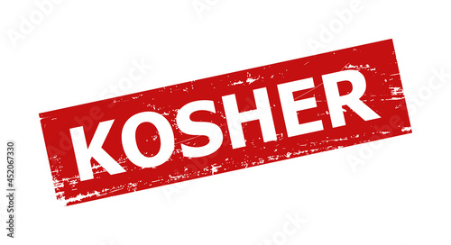 Red KOSHER rectangle seal stamp. KOSHER text is inside rectangle shape. Rough KOSHER stamp in red color, with unclean texture.