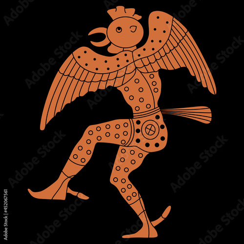 Ancient Greek man actor dancing in rooster costume. Fantastic winged anthropomorphic bird character. Vase painting style. On black background. Isolated vector illustration.