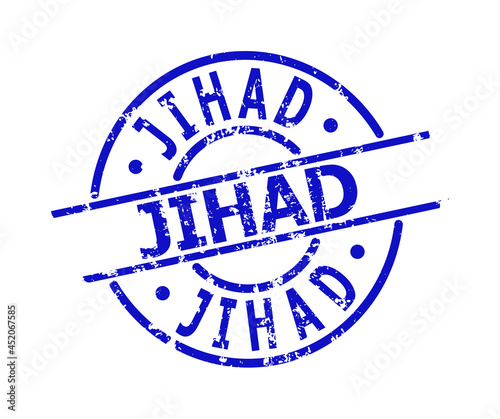 Blue JIHAD round seal stamp. JIHAD text is inside round shape. Rough JIHAD seal in blue color, with corroded style. photo