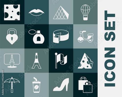 Set Paper shopping bag, Cheese, Scooter, Louvre glass pyramid, Perfume, Castle the shape of heart, and icon. Vector