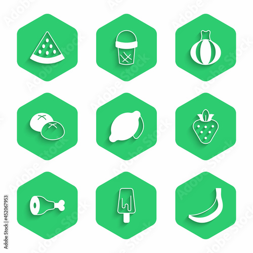 Set Lemon, Ice cream, Banana, Strawberry, Chicken leg, Bread loaf, Onion and Watermelon icon. Vector