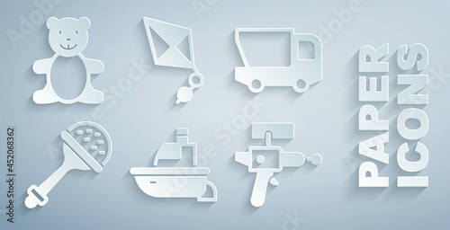 Set Toy boat, truck, Rattle baby toy, Ray gun, Kite and Teddy bear plush icon. Vector