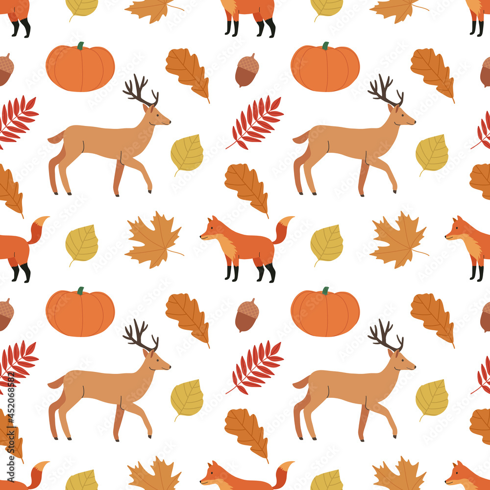 Obraz premium Autumn seamless pattern of colorful autumn symbols. Background of autumn attributes - deer, fox, leaves, acorns, rowan, mushrooms. Vector illustration