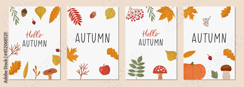 Autumn backgrounds set with autumn attributes: leaves, berries, mushrooms, acorns. Hello autumn lettering. Perfect for promo poster, social media, web banner etc. Vector illustration