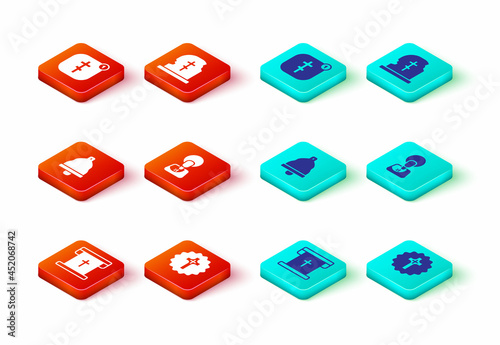 Set Flag with christian cross, Christian, Church bell, Jesus, Grave tombstone and Online church pastor preaching icon. Vector