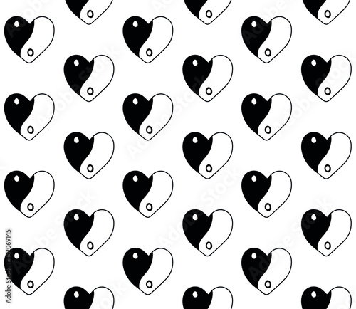 Vector seamless pattern of hand drawn doodle sketch Yin Yang heart symbol isolated on white background