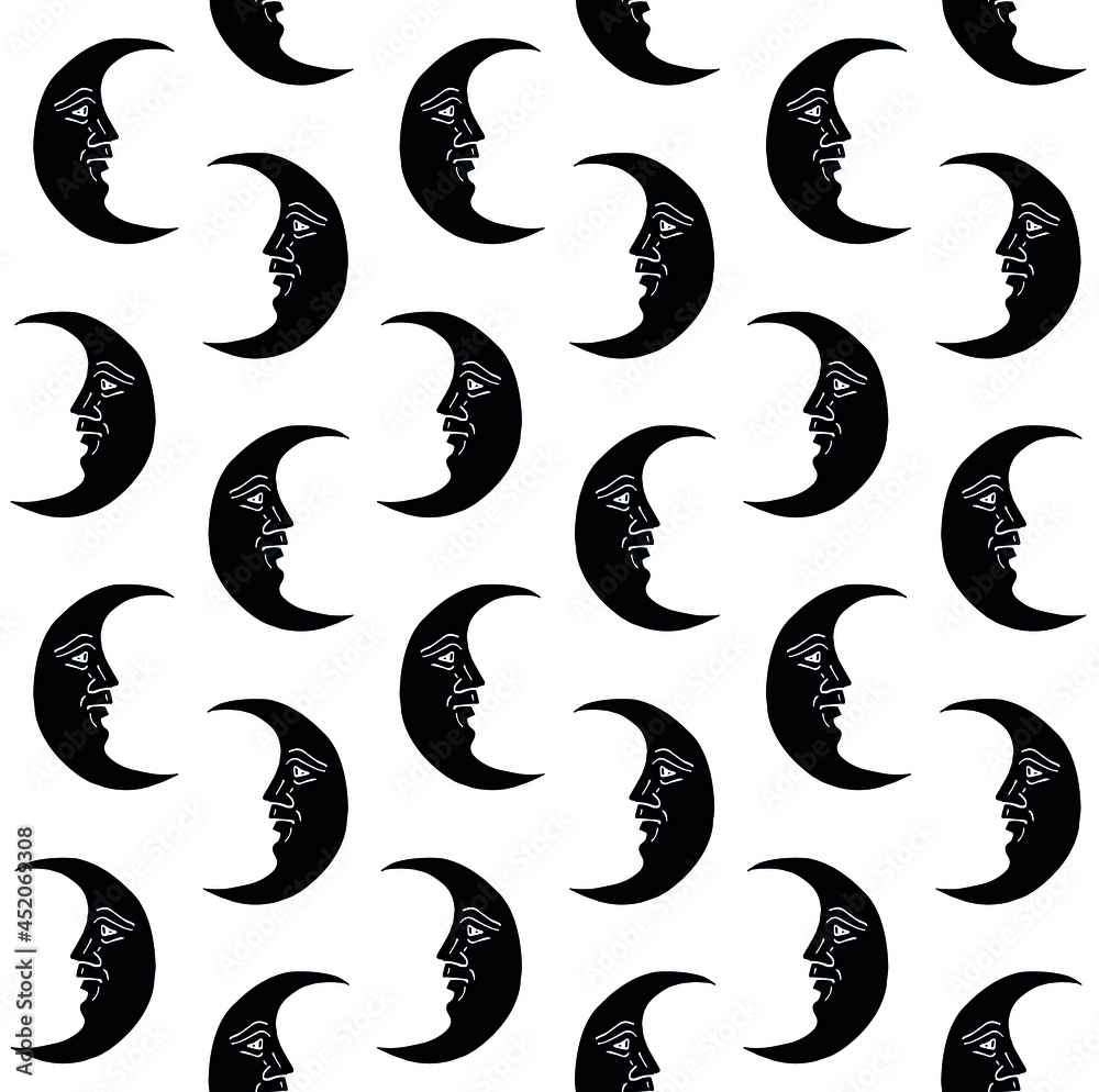 Fototapeta premium Vector seamless pattern of hand drawn doodle sketch crescent boho antique astrological black moon with face isolated on white background