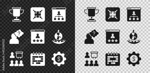 Set Award cup, Target, Online education, Training, presentation, Calendar, Gear with dollar, Head question mark and Customer product rating icon. Vector