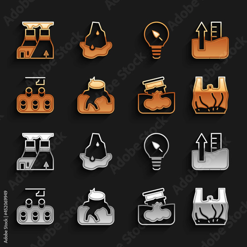 Set Deforestation, Rise in water level, Say no to plastic bags poster, Barrel oil leak, Light bulb with leaf, Nuclear power plant and Glacier melting icon. Vector