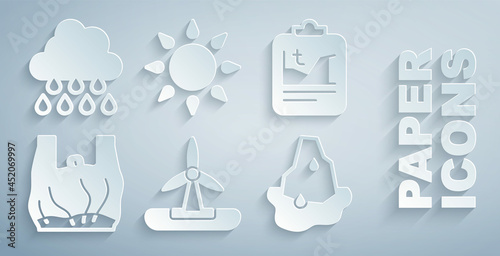 Set Wind turbine, Global warming, Say no to plastic bags poster, Glacier melting, Sun and Cloud with rain icon. Vector