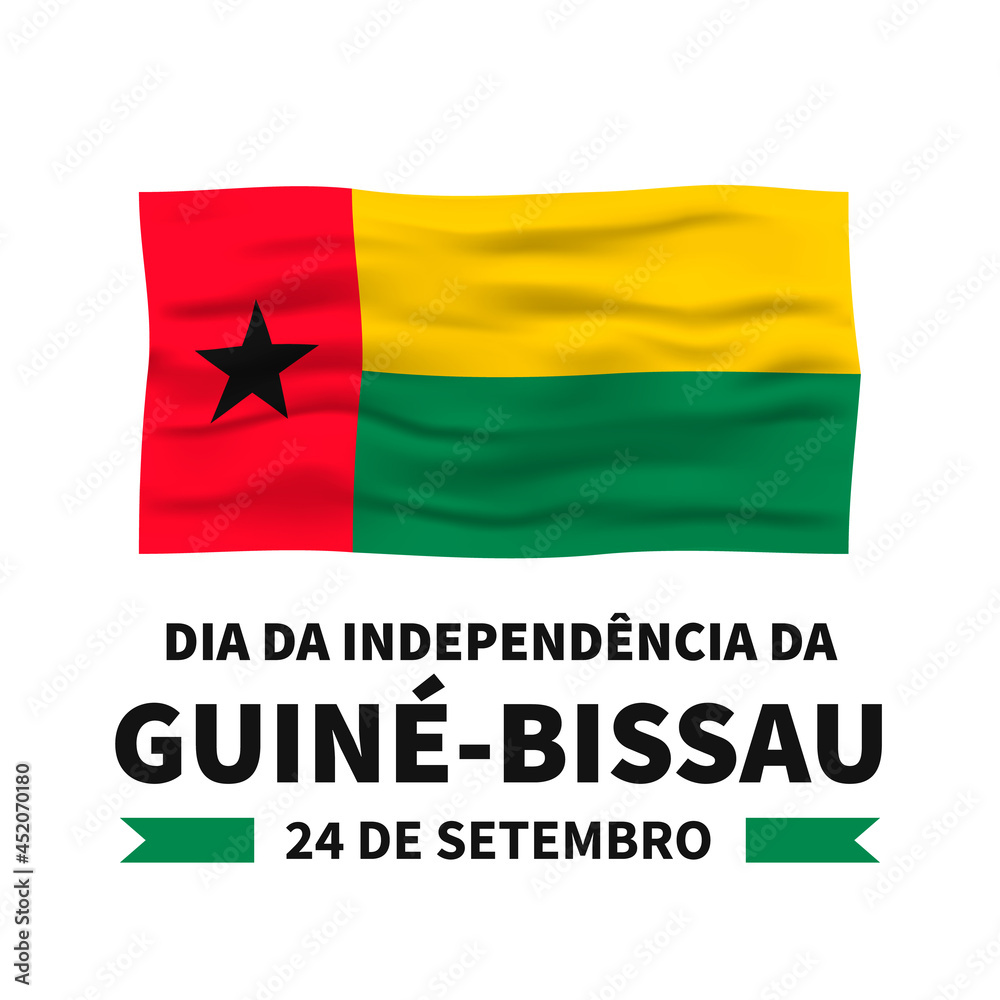 Guinea-Bissau Independence Day lettering in Portuguese with flag. National holiday celebrate on September 24. Vector template for typography poster banner, flyer, greeting card, postcard
