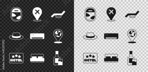 Set Airplane window, Plane, Sunbed and umbrella, Signboard with text Hotel, room, Whiskey bottle glass, Man hat ribbon and conditioner icon. Vector