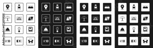 Set Hotel room bed, Signboard with text, Sun protective umbrella, Plane, Rubber flippers for swimming, Whiskey bottle, Photo and service bell icon. Vector