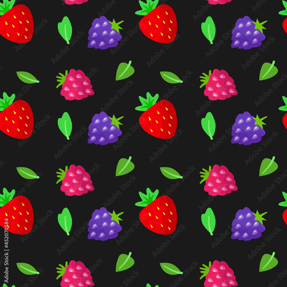 Berries seamless pattern with ripe blackberries, raspberries strawberries isolated on black. For fabric, textile, wrapping paper, wall paper. Berry summer background. Design fond. Vector illustration Berries seamless pattern with ripe blackberries, raspberries strawberries isolated on black. For fabric, textile, wrapping paper, wall paper. Berry summer background. Design fond. Vector illustration