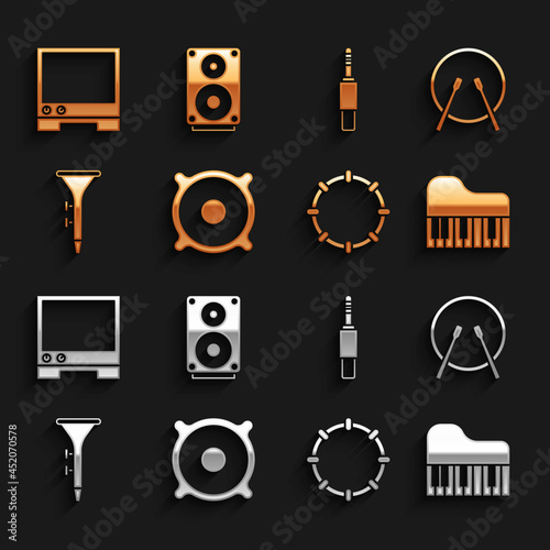 Set Stereo speaker, Drum and drum sticks, Grand piano, Tambourine, Audio jack, Voice assistant and icon. Vector