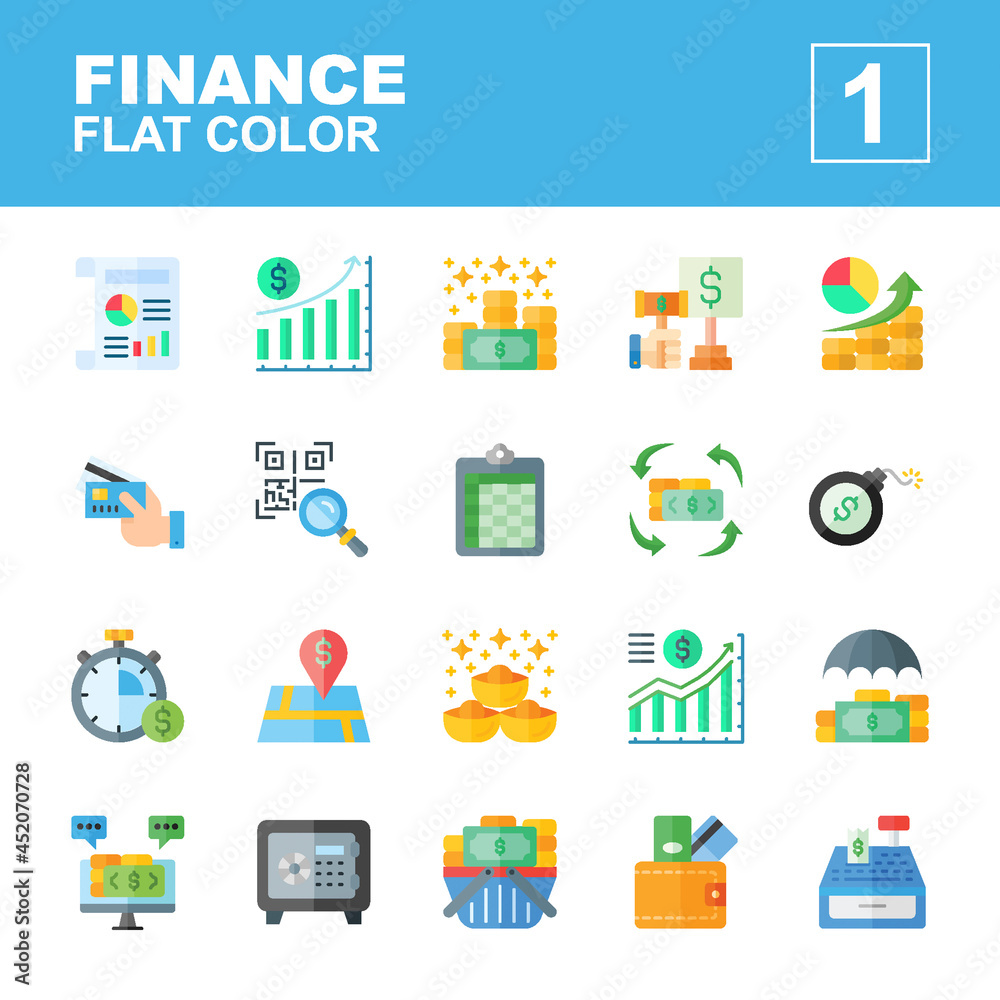 Icons Set of finance, flat color style