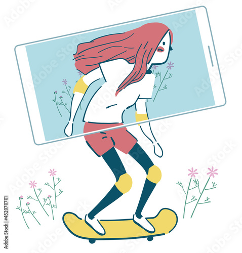 スケートボードで滑走する少女をスマホで撮影する　イラスト素材
