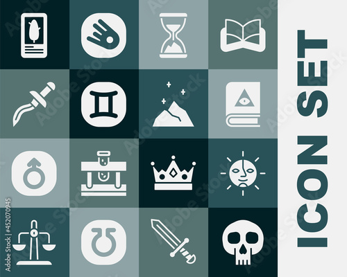 Set Skull, Sun, Ancient magic book, Old hourglass with sand, Gemini zodiac, Dagger, Tarot cards and Magic powder icon. Vector