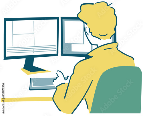 パソコンで動画編集用している男性　イラスト素材
