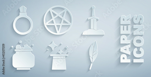 Set Magic hat, Sword in the stone, Witch cauldron, feather, Pentagram circle and ring with gem icon. Vector
