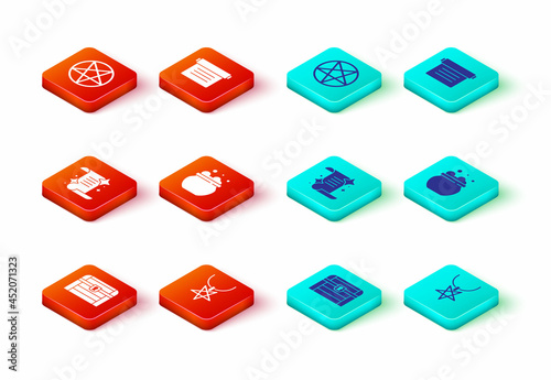 Set Antique treasure chest, Pentagram on necklace, Ancient magic book, Witch cauldron, and in circle icon. Vector
