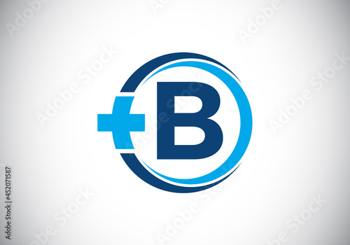 Initial B monogram alphabet in a circle with cross plus. Medical logo. Logo for pharmacy, clinic, medical or healthcare business, and company identity