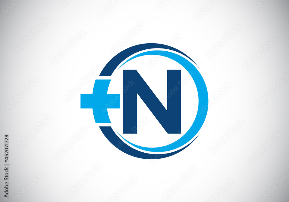 Initial N monogram alphabet in a circle with cross plus. Medical logo. Logo for pharmacy, clinic, medical or healthcare business, and company identity Initial N monogram alphabet in a circle with cross plus. Medical logo. Logo for pharmacy, clinic, medical or healthcare business, and company identity