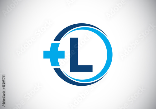 Initial L monogram alphabet in a circle with cross plus. Medical logo. Logo for pharmacy, clinic, medical or healthcare business, and company identity