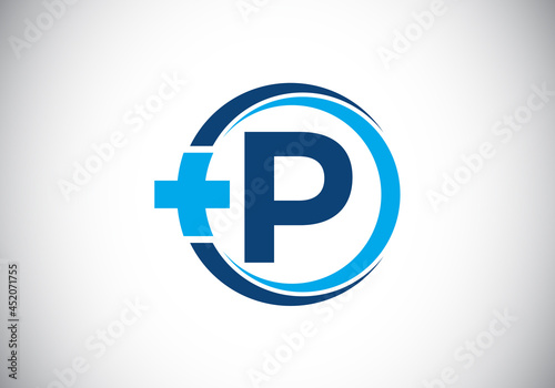 Initial P monogram alphabet in a circle with cross plus. Medical logo. Logo for pharmacy, clinic, medical or healthcare business, and company identity