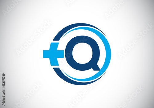 Initial Q monogram alphabet in a circle with cross plus. Medical logo. Logo for pharmacy, clinic, medical or healthcare business, and company identity