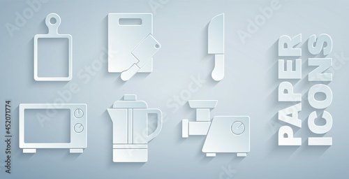 Set Teapot, Knife, Microwave oven, Kitchen meat grinder, Cutting board and chopper and icon. Vector