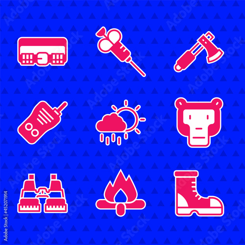 Set Cloud with rain, Campfire, Hunter boots, Monkey, Binoculars, Walkie talkie, Wooden axe and Hunting cartridge belt icon. Vector