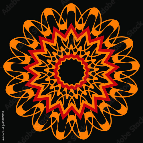 abstract flower background. combination of circular pattern oval and zigzag in the middle.  vector line with red and orange color combination.  Isolated against black background