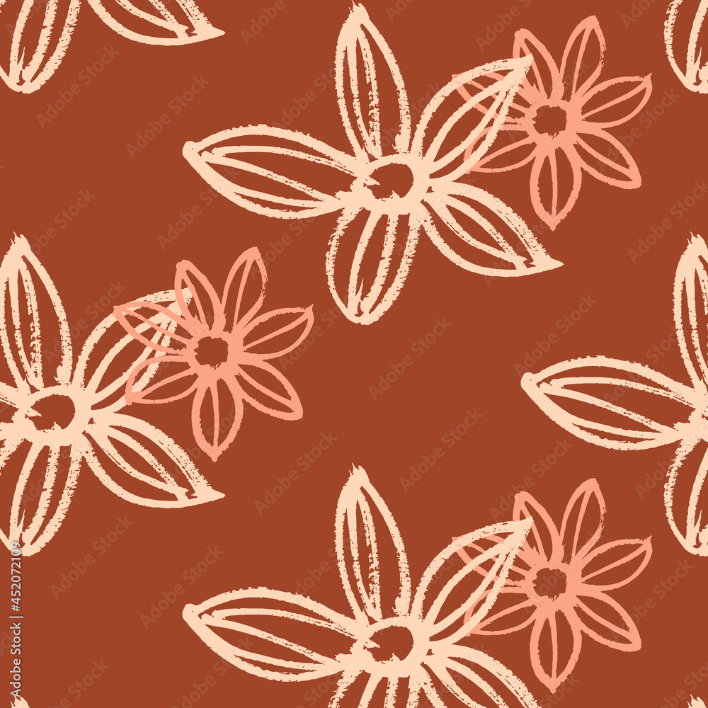 Vector pattern of large stylized flowers. Autumn. Calligraphic brush. Minimalism. Beige on an orange background. Hand drawing