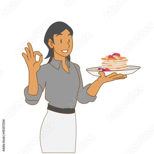 パンケーキを運ぶ女性店員