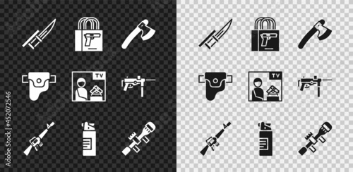 Set Bayonet on rifle, Buying gun pistol, Wooden axe, M16A1, Weapons oil bottle, Sniper optical sight, Gun holster and Advertising weapon icon. Vector