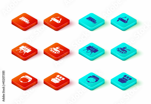 Set Military helmet, Hiking backpack, mine, tank, Swiss army knife and truck icon. Vector