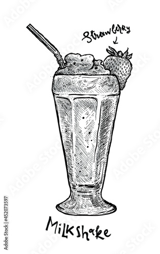 Classic strawberry milkshake with Cream in Glass. Milk shake sketch style vector illustration. Old hand drawn engraving imitation. Sweet food illustration.