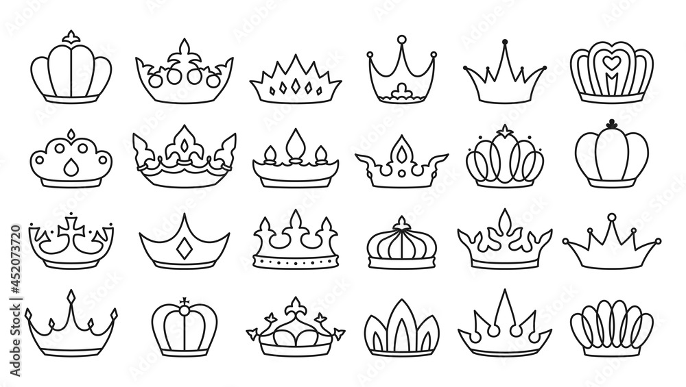 Royal crown sign black line set. King crowns, majestic coronet and luxury tiara icon. Queens or princess jewelry heraldic hat insignia. Monochrome logo emblem vintage antique emperor symbols