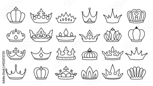 Royal crown sign black line set. King crowns, majestic coronet and luxury tiara icon. Queens or princess jewelry heraldic hat insignia. Monochrome logo emblem vintage antique emperor symbols