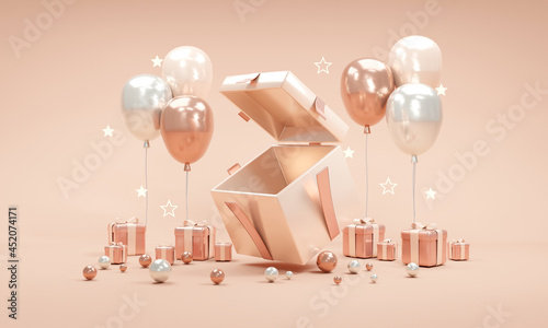 3d rendering of gift box open seeing inside and balloons gift box confetti element and shiny star on background in rose gold theme