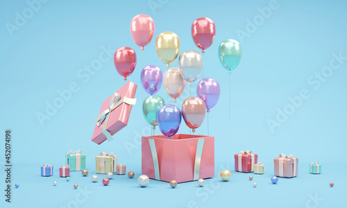 3d rendering of gift box open balloons fly out with confetti element and mini gift on background in colorful theme