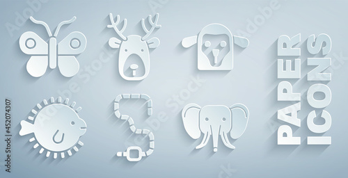 Set Worm, Sheep head, Puffer fish, Elephant, Deer with antlers and Butterfly icon. Vector