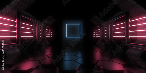 3D abstract background with neon lights. neon tunnel. .space construction . .3d illustration