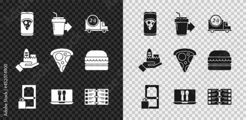 Set Food ordering pizza, Coffee cup to go, Fast delivery by car, Online and, Restaurant cafe menu, and Slice icon. Vector