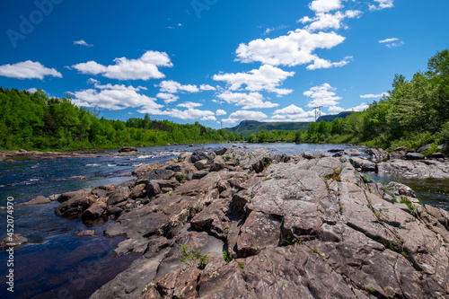 A large salmon river with multiple fishing pools and a sharp bend in the river. The moving water or rapids make white waves. There are trees on both sides and large rocks along the riverbank