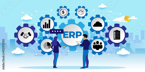IT manager analyzing the architecture of ERP (Enterprise Resource Planning), ERP, enterprise resource planning. Productivity and improvement Concept, can use for, landing page, template, ui, web.