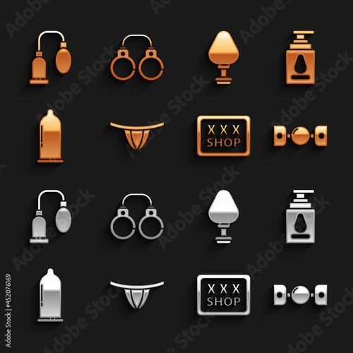Set Woman panties, Personal lubricant, Silicone ball gag with belt, Sex shop, Condom, Anal plug, Penis pump and Sexy fluffy handcuffs icon. Vector