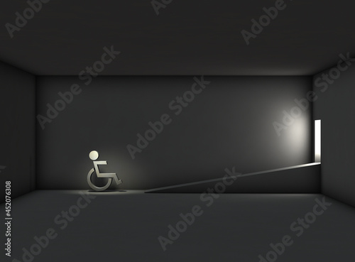 車椅子と脱出スロープ。無機質な暗い空間。3Dレンダリング。